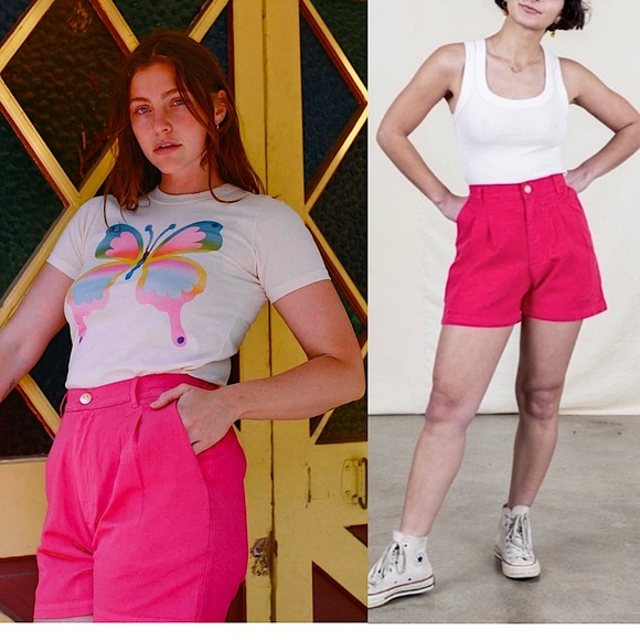 BIG BUD PRESS 90s Hot Pink 100% Cotton Twill‎ Pleated High Rise Trouser Shorts S